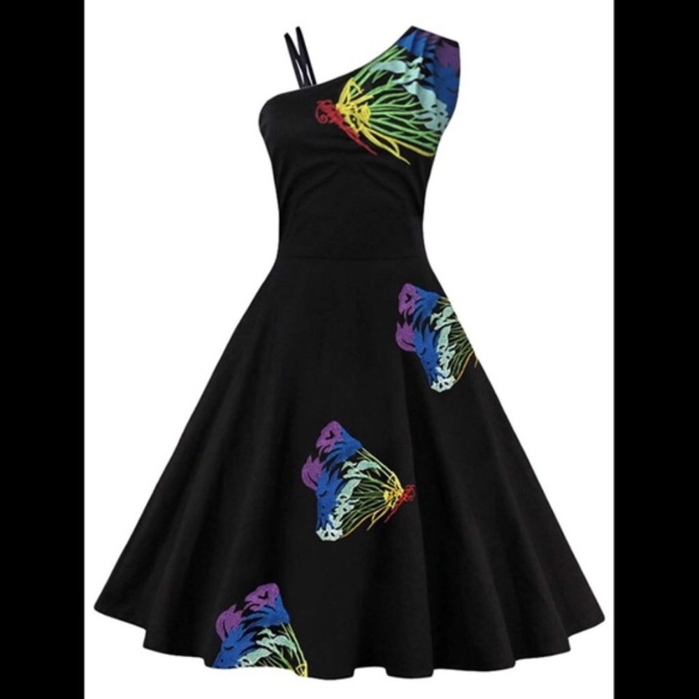 Black Swing Dress w/ Rainbow Butterfly Embroidery